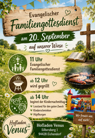 Banner evangelischer Familiengottesdienst im Freien am Hofladen Venus