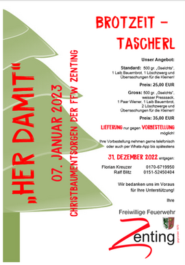 Banner "Her damit" Brotzeit-Tascherl-Aktion mit Christbaumentsorgen