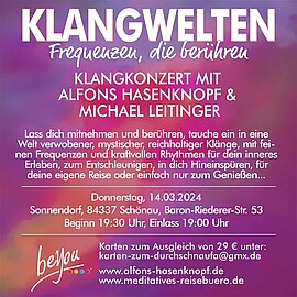 Banner 14.03. Klangwelten Alfons Hasenknopf & Michi Leitinger Klangkonzert im Sonnendorf