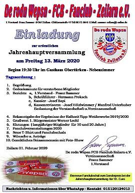 Banner Jahreshauptversammlung De rodn Wepsn FCB Fanclub Zeilarn e.V.