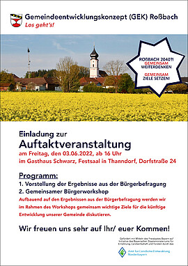 Banner Auftaktveranstaltung "Gemeindeentwicklungskonzept (GEK) für die Gemeinde Roßbach"