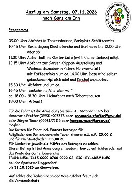 Banner Ausflug am Samstag, 07.11.2026 nach Gars am Inn