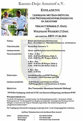 Banner Lehrgang mit DAN-Prüfung und Prüferlizenzverlängerung mit Helmut Körber (7.DAN) und Wolfgang Weigert (7.DAN)