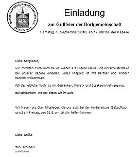 Banner Grillfeier der Dorfgemeinschaft Kapelle Daxstein e.V. (vereinsintern)