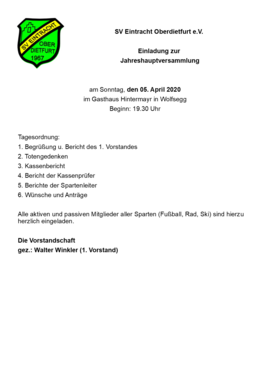 Banner Jahreshauptversammlung SV Eintracht Oberdietfurt