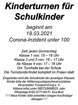 Banner Turnstunden für Schulkinder finden wieder statt ! ! !