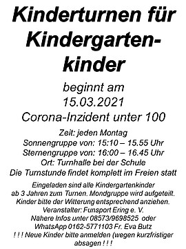 Banner Turnstunden für Kindergartenkinder finden wieder statt ! ! !