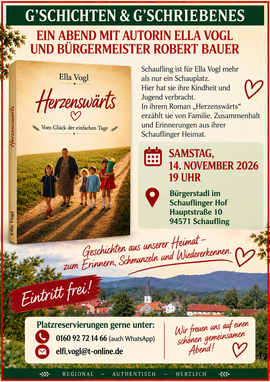 Banner G‘schichten und G‘schriebenes - ein Abend mit Autorin Ella Vogl und Bürgermeister Robert Bauer